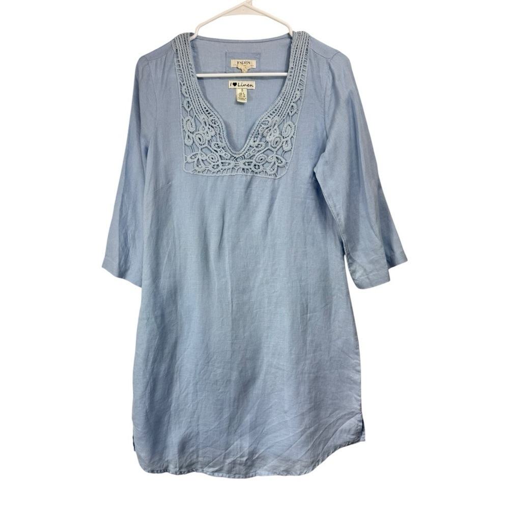 Malvin Love Linen Size Small Blue Tunic Dress Slit Hem 3/4 Sleeve Beach Boho